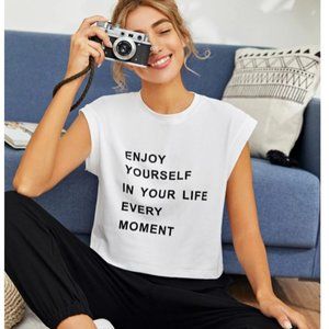 Cap Sleeve Slogan Print T-Shirt White Black